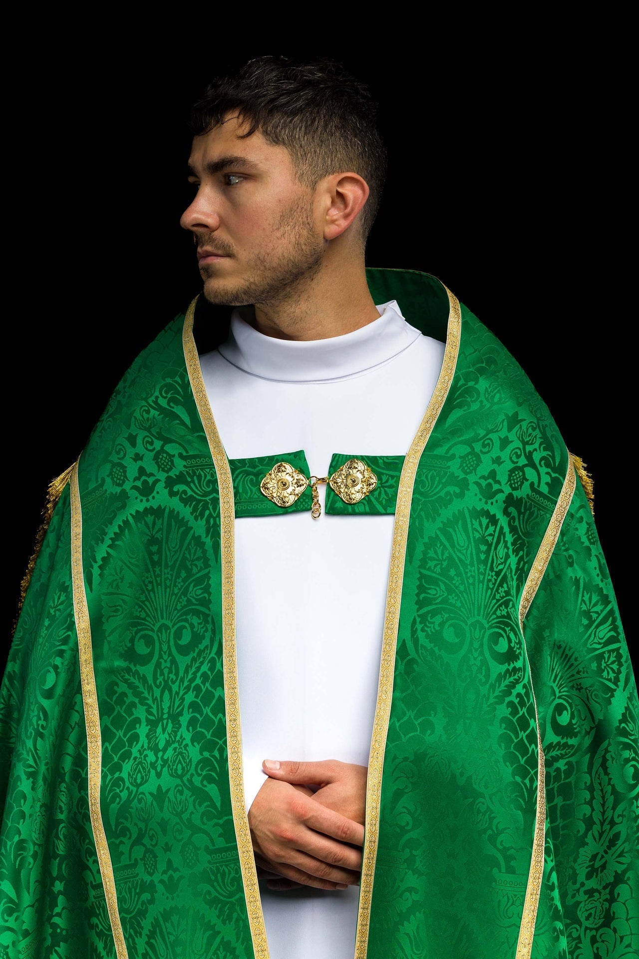 Capa de asperges romana em jacquard verde - chasubles.com.br