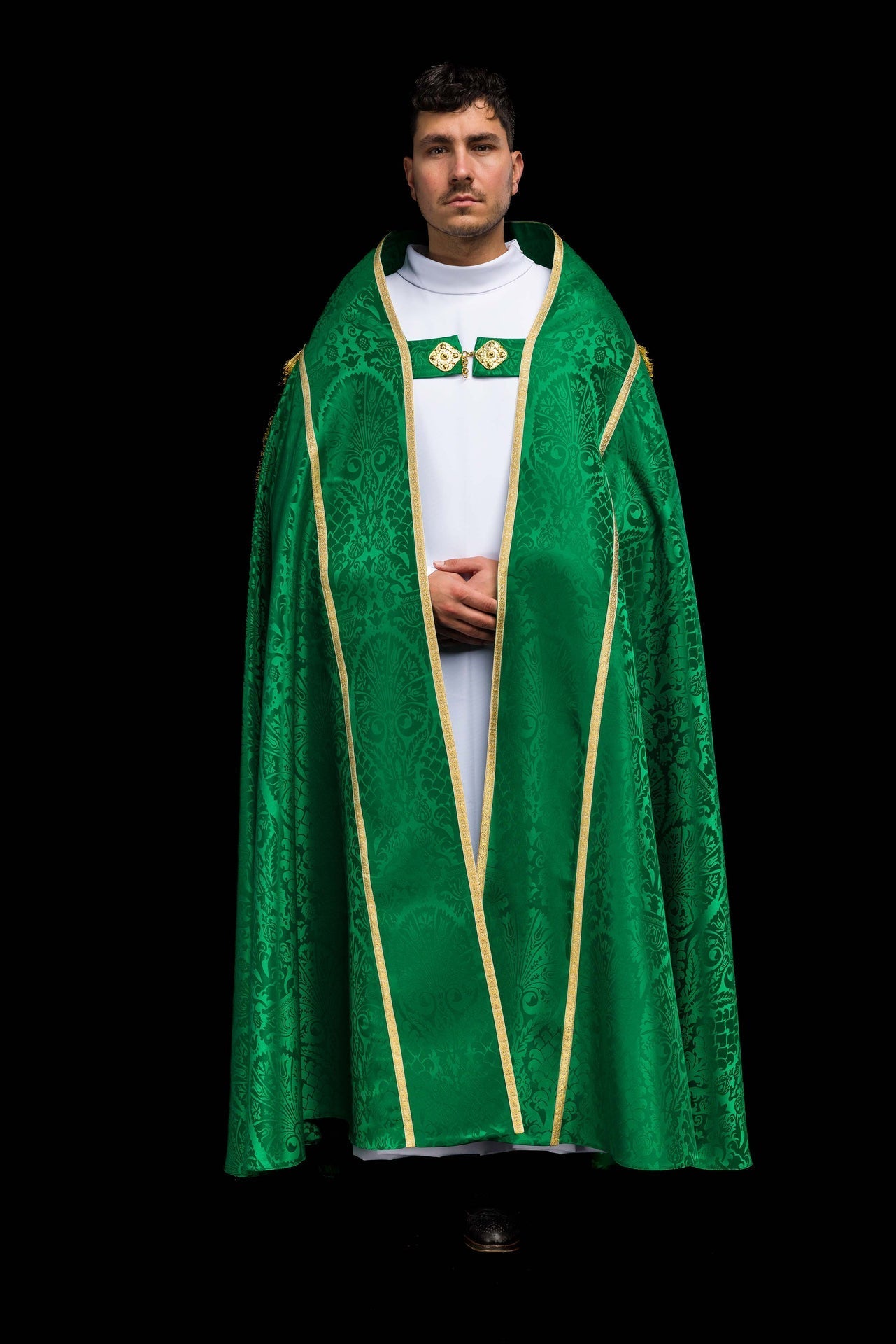 Capa de asperges romana em jacquard verde - chasubles.com.br