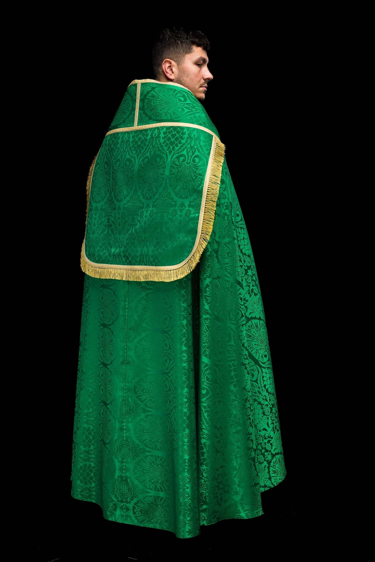 Capa de asperges romana em jacquard verde - chasubles.com.br