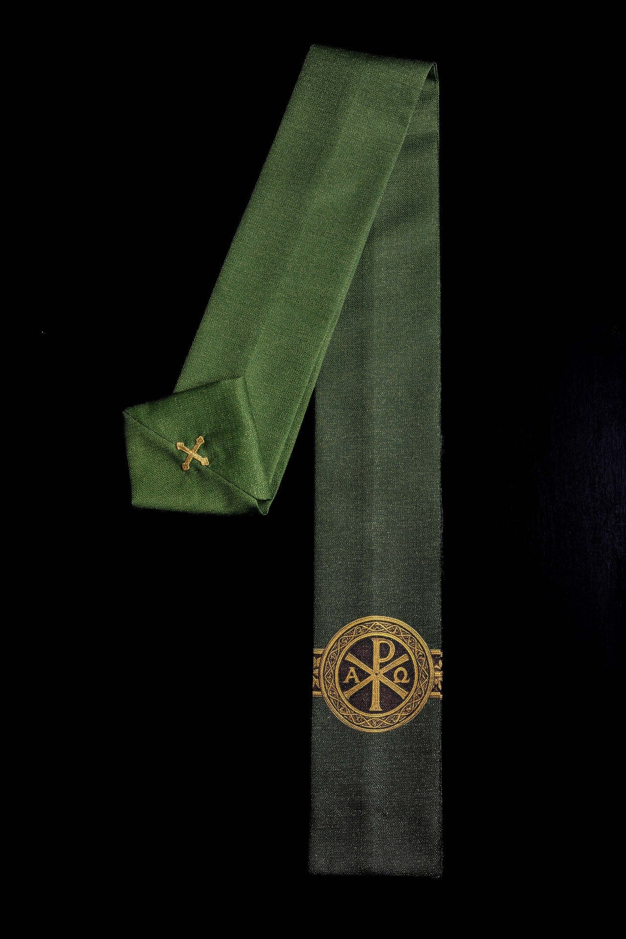 Casula estampada Pax verde com rica decoração dourada