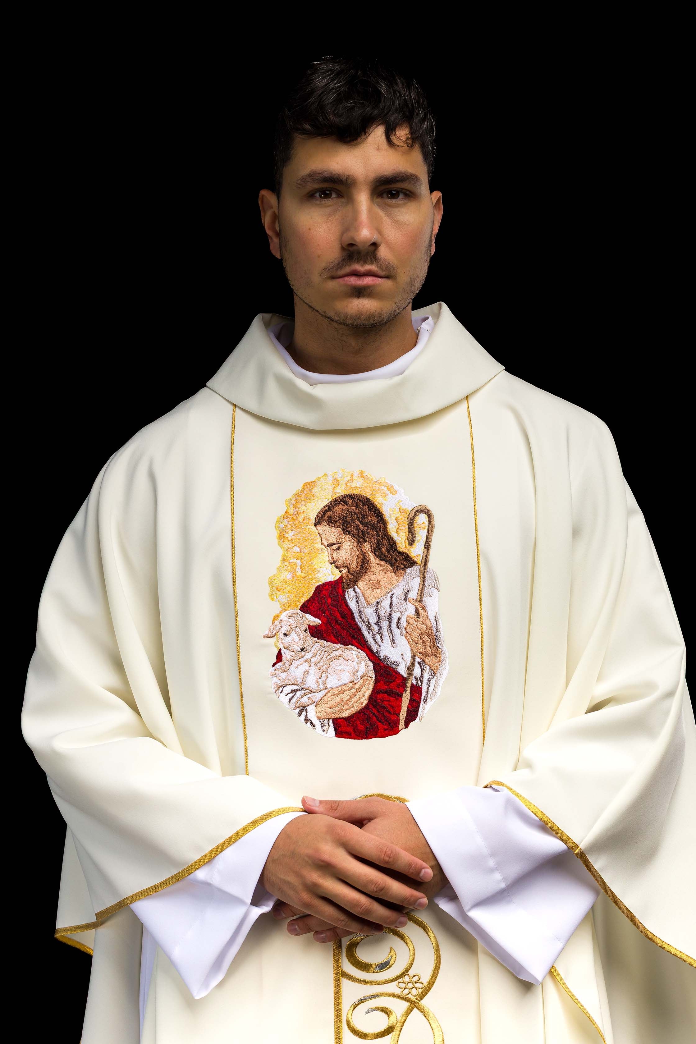 Casula creme com imagem de Jesus Bom Pastor