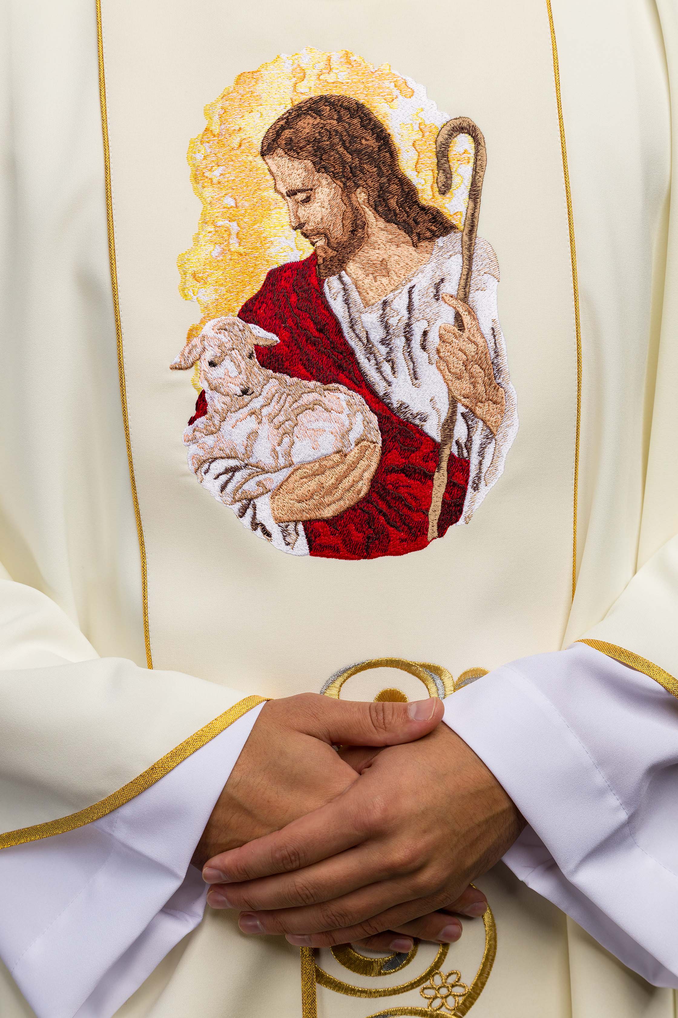 Casula creme com imagem de Jesus Bom Pastor