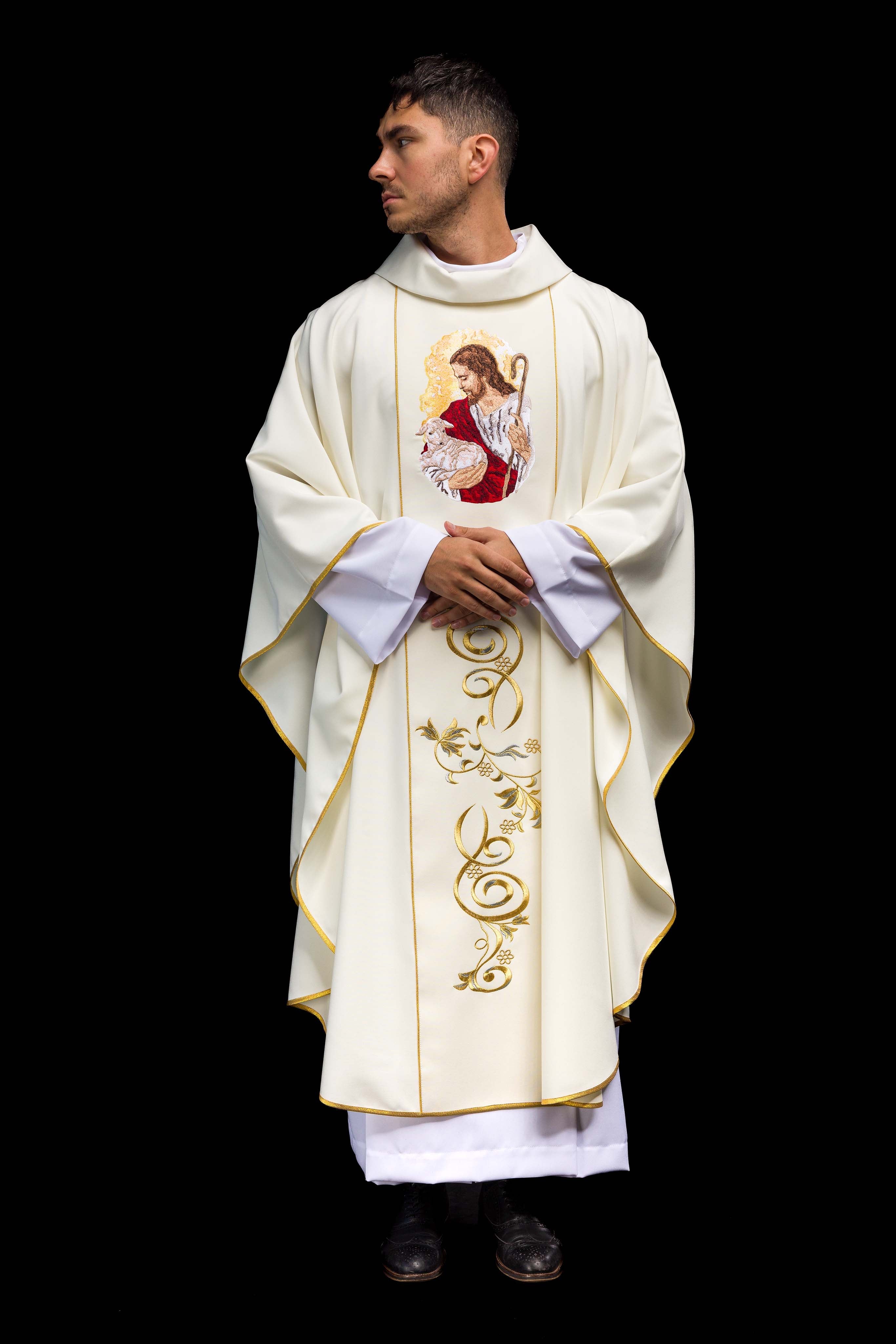 Casula creme com imagem de Jesus Bom Pastor