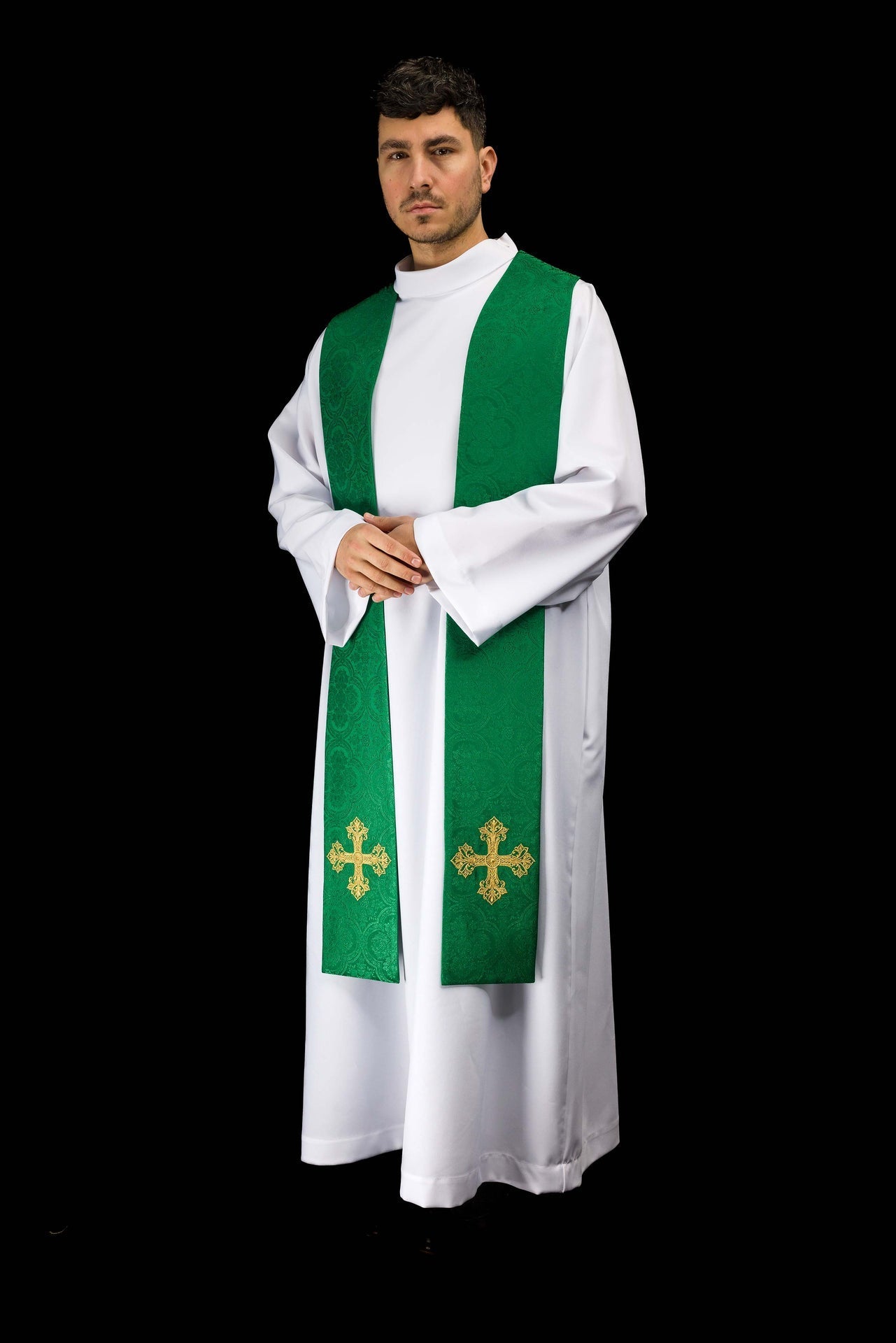 Estola bordada com motivo de Cruz, verde, em tecido jacquard - chasubles.com.br