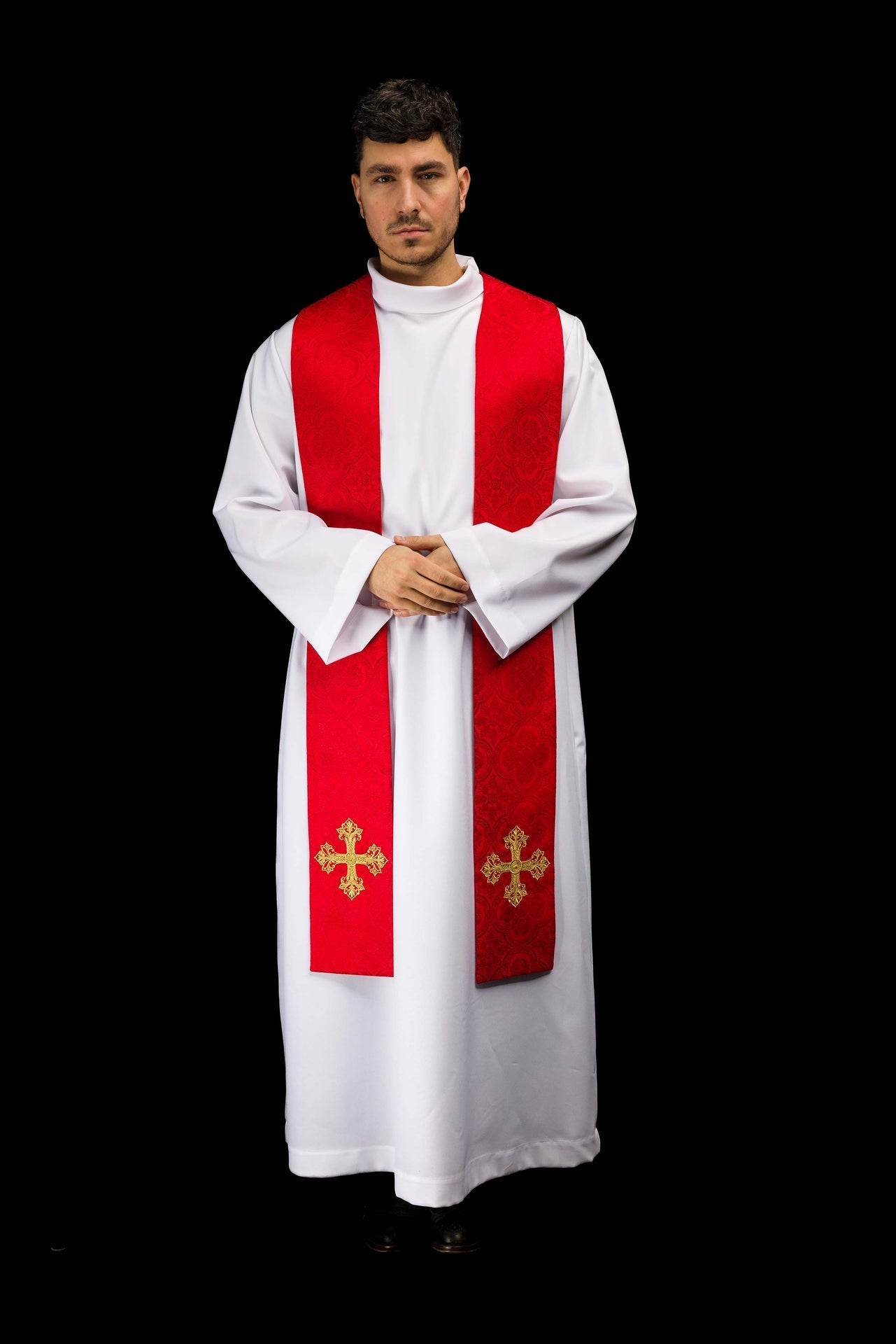 Estola vermelha bordada com cruz em tecido jacquard - chasubles.com.br