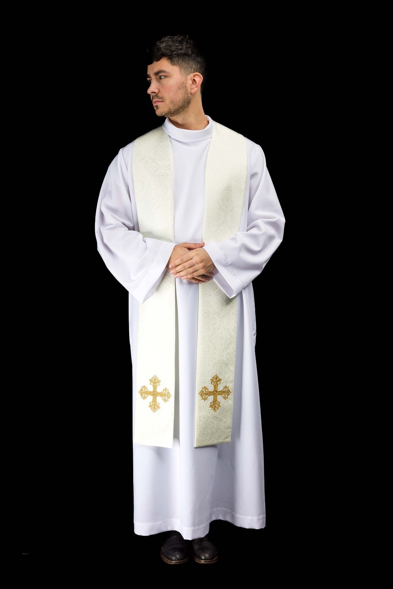 Estola bordada com motivo de Cruz creme tecido jacquard