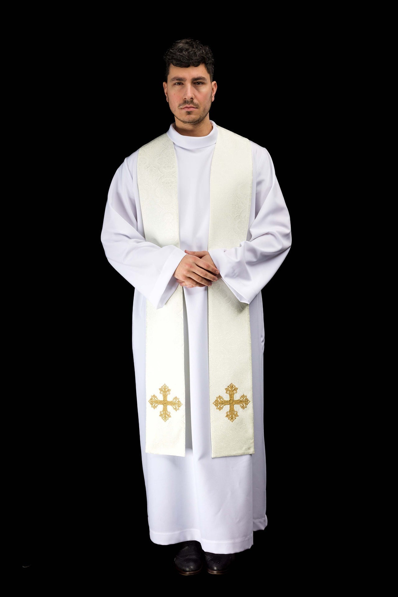 Estola bordada com motivo de Cruz creme tecido jacquard