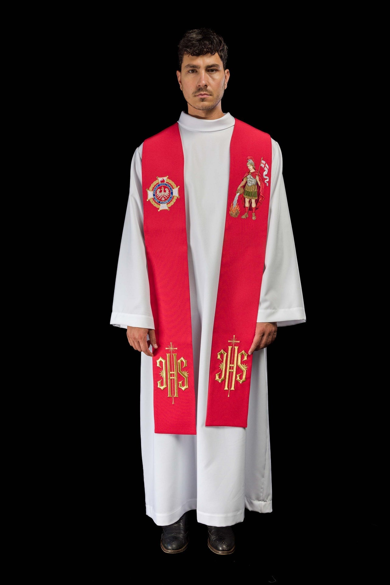 Estola bordada com imagem de São Floriano - chasubles.com.br