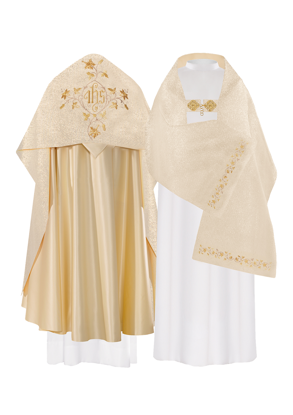 Véu de ombros bordado com imagem de IHS e motivo floral dourado