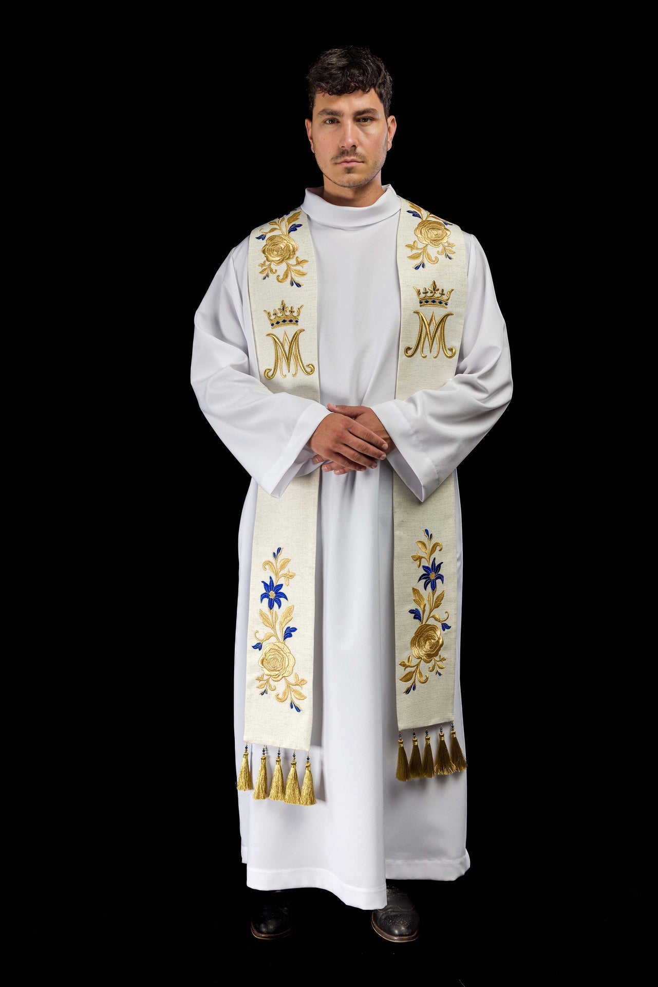 Estola bordada com símbolo mariano - chasubles.com.br