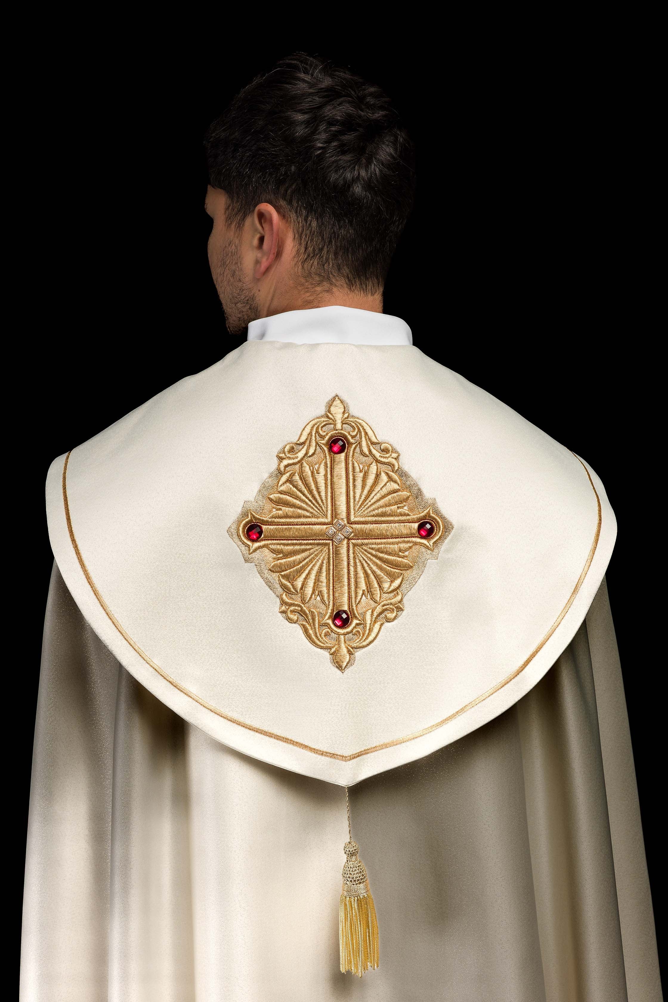 Capa de asperges litúrgica com galão ricamente bordado, 150 cm