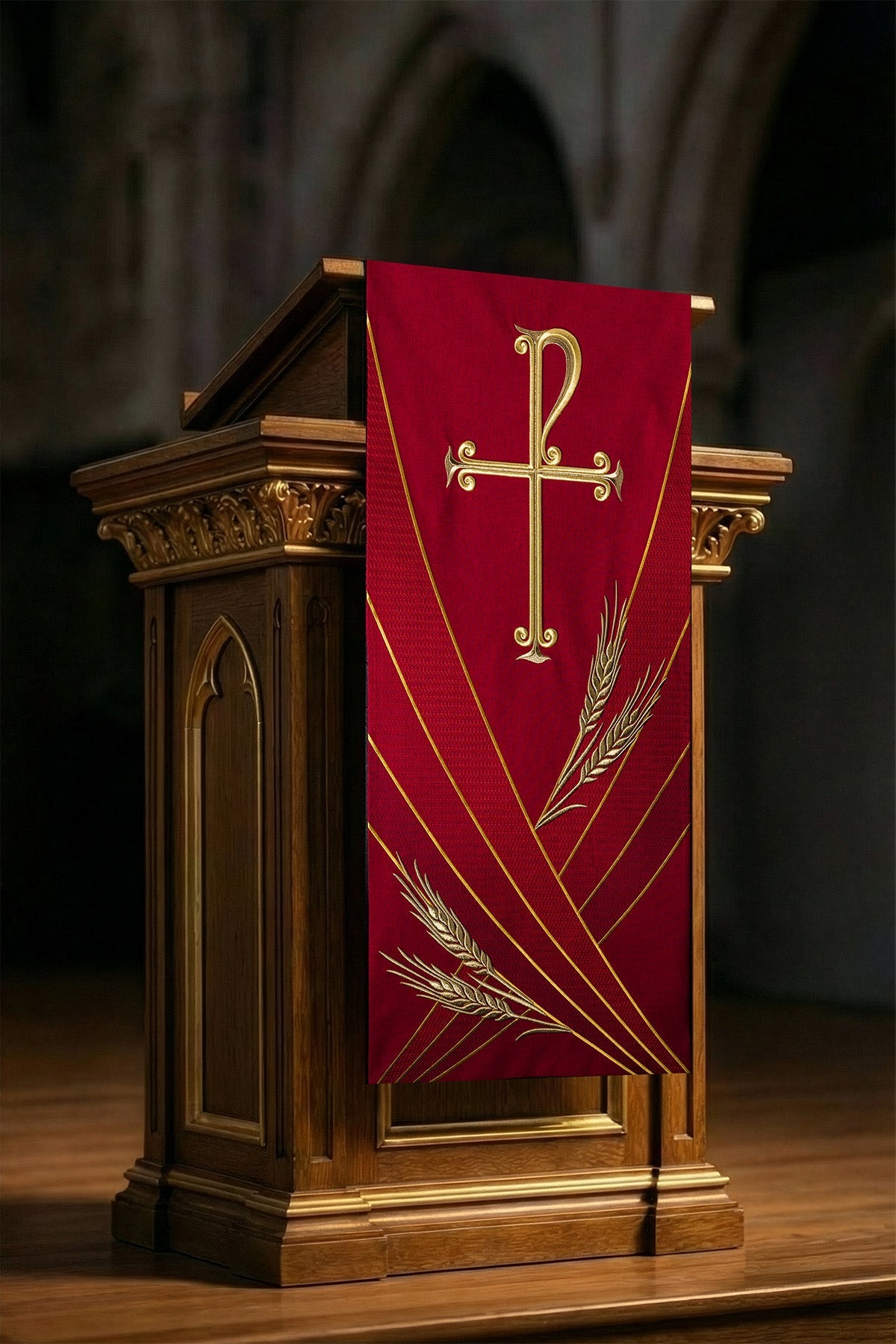 Pano para ambão vermelho com bordado de cruz e espigas de trigo - chasubles.com.br