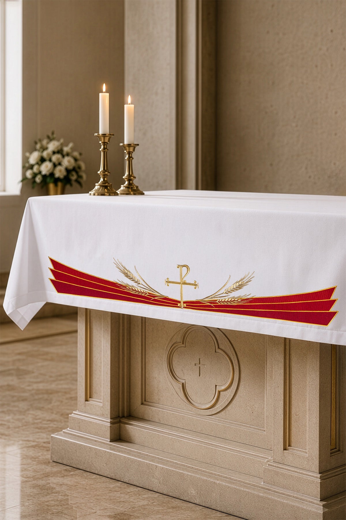 Toalha de altar com símbolo PAX bordado