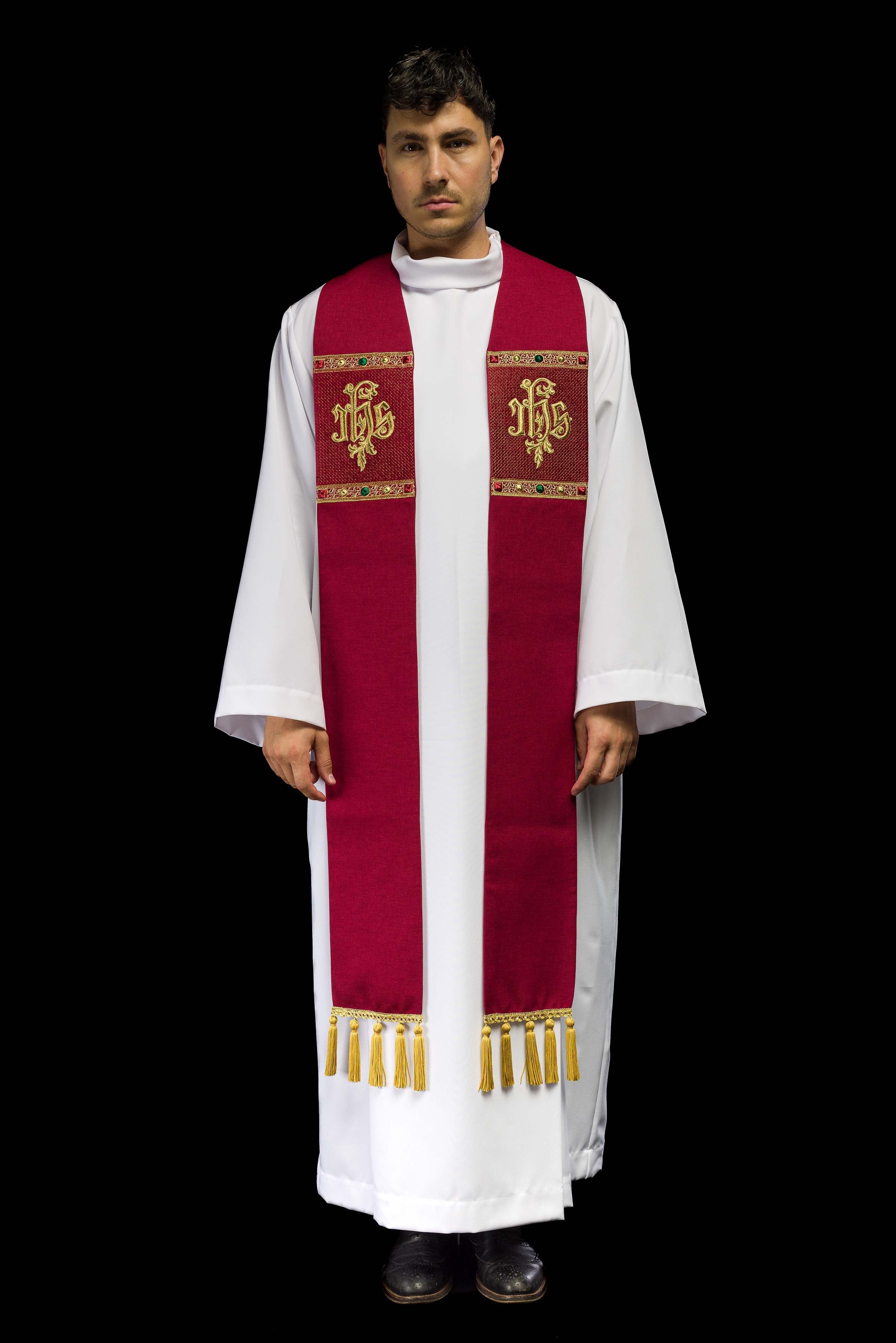 Estola bordada com motivo IHS vermelha - chasubles.com.br