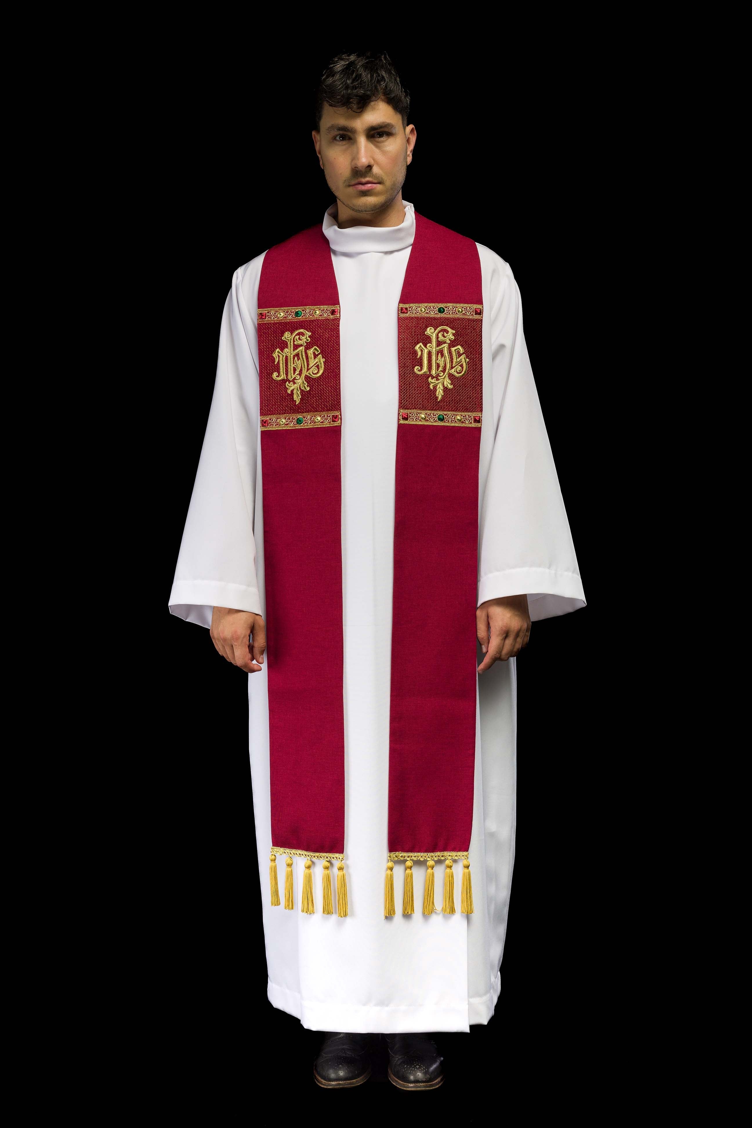 Estola bordada com motivo IHS vermelha - chasubles.com.br