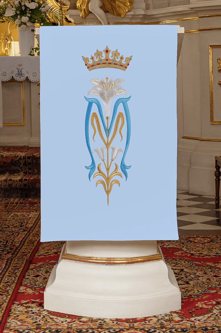 Pano de ambão azul mariano com bordado mariano