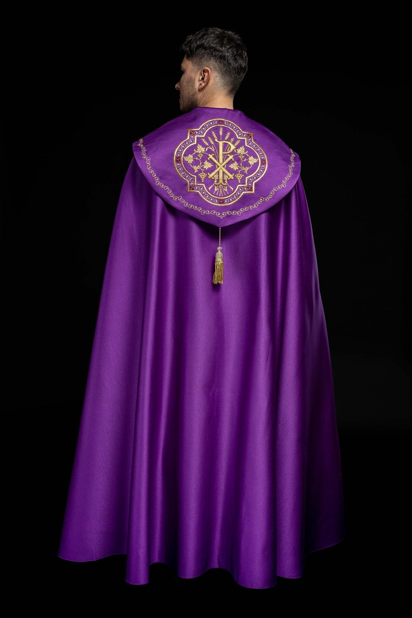 Capa de asperges eucarística monograma Chi-Rho roxa