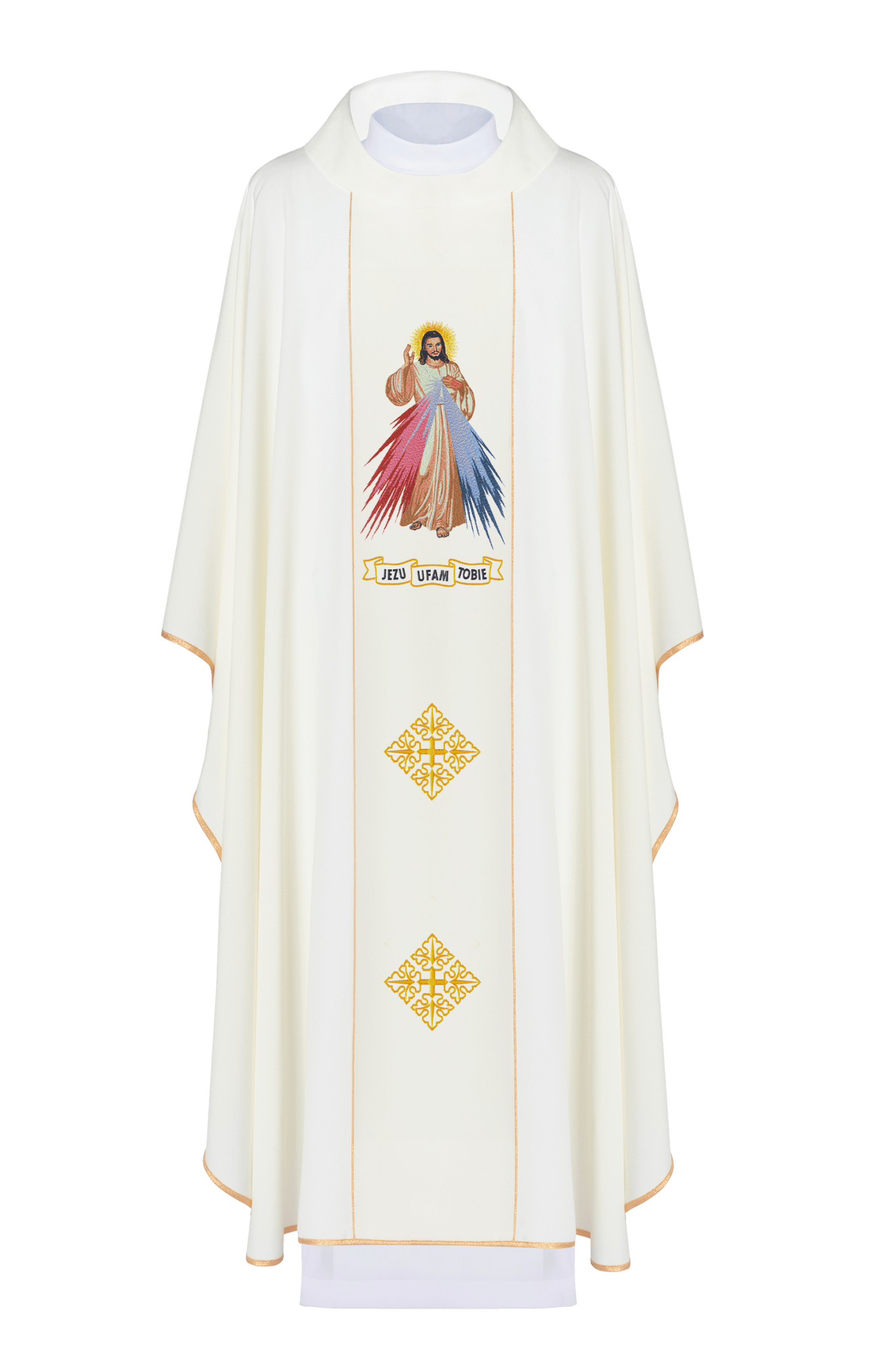 Casula bordada Jesus Misericordioso e IHS creme