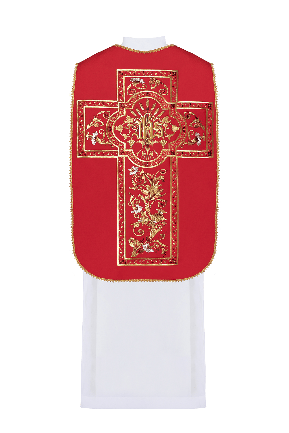 Casula romana vermelha bordada com motivo IHS - chasubles.com.br