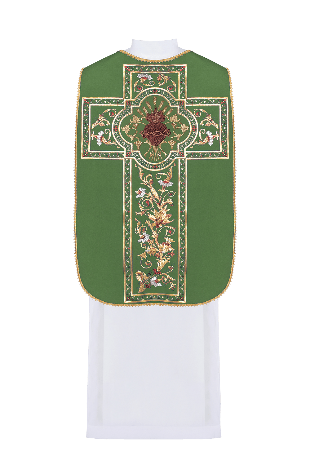Casula romana verde bordada com o motivo do Sagrado Coração de Jesus Cristo