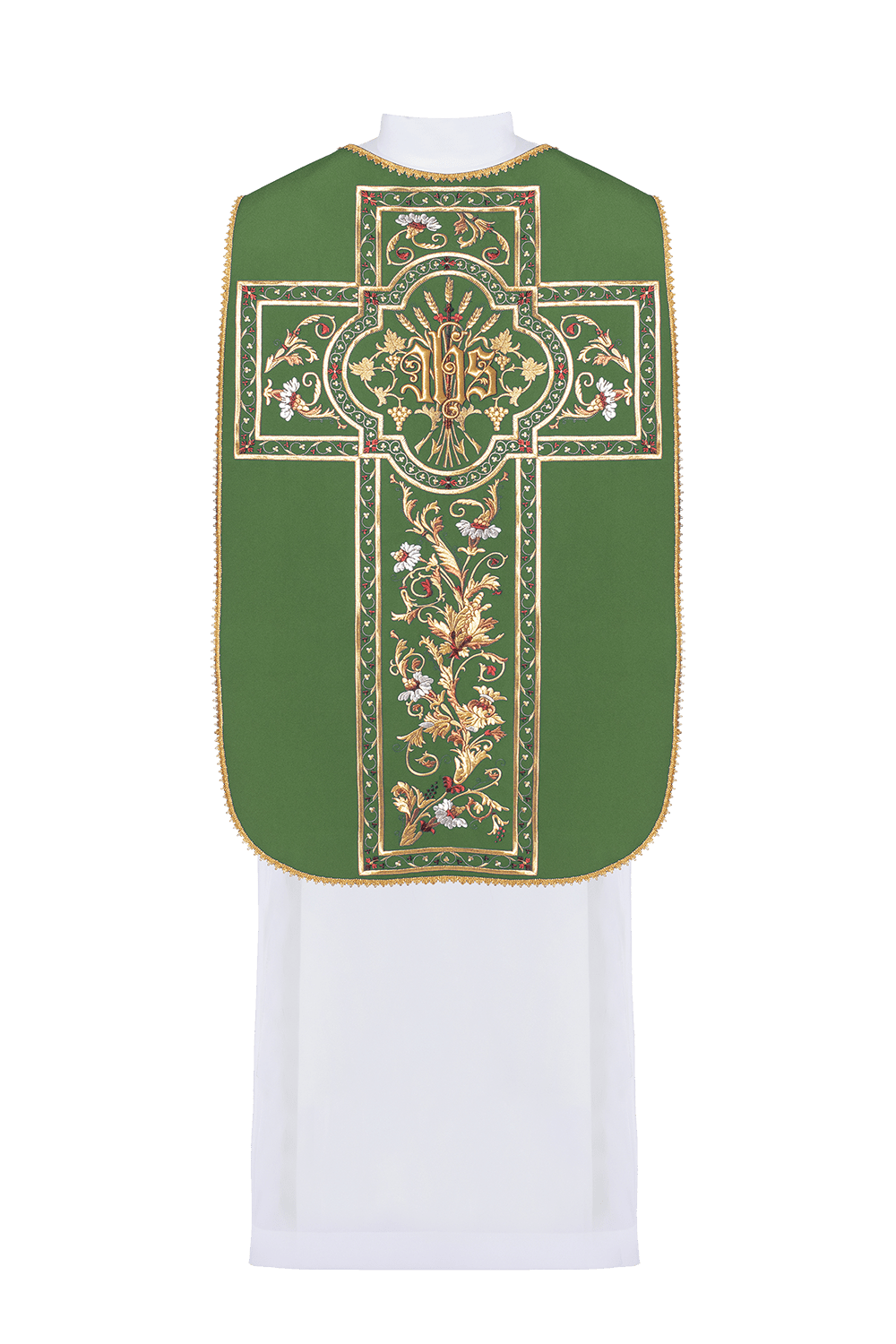 Casula romana verde bordada com motivo IHS - chasubles.com.br