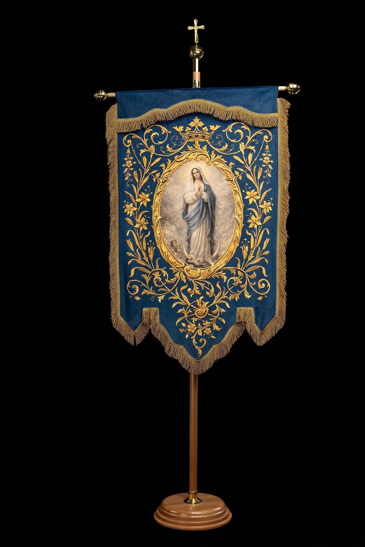 Estandarte Impresso Frente e Verso com Nossa Senhora da Imaculada Conceição e Monograma Mariano, frente azul