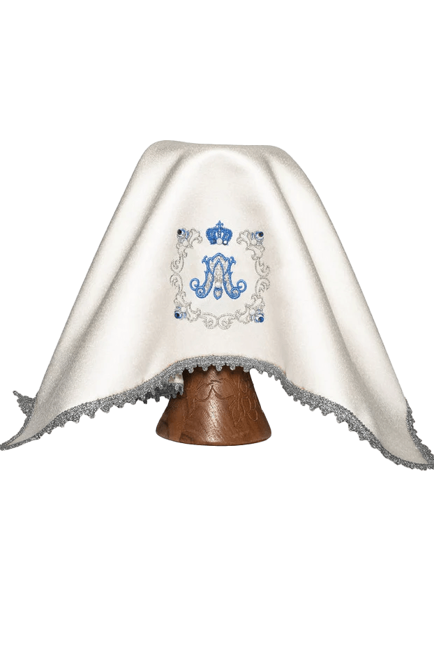 Véu de cálice creme com bordado mariano azul