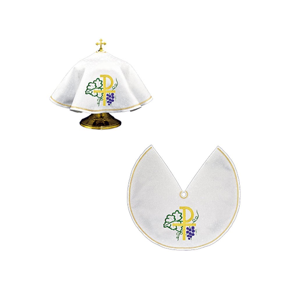 Véu para cibório branco com bordado PAX e detalhes dourados.