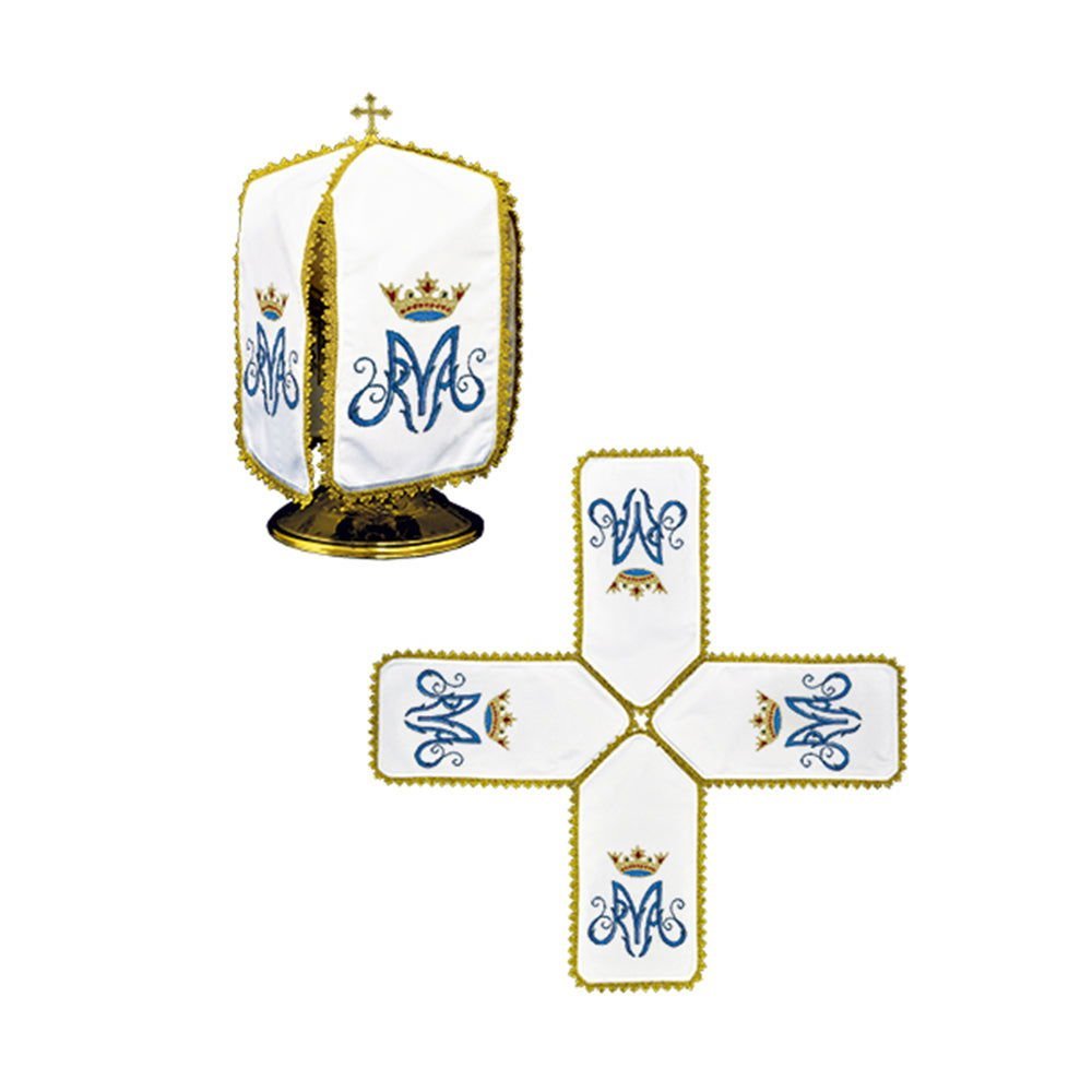 Véu para cibório branco com bordado mariano e renda dourada.
