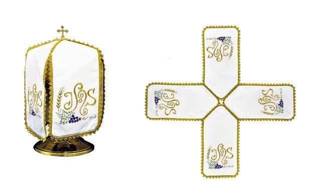 Véu para cibório branco com bordado IHS dourado, espigas de trigo e uvas