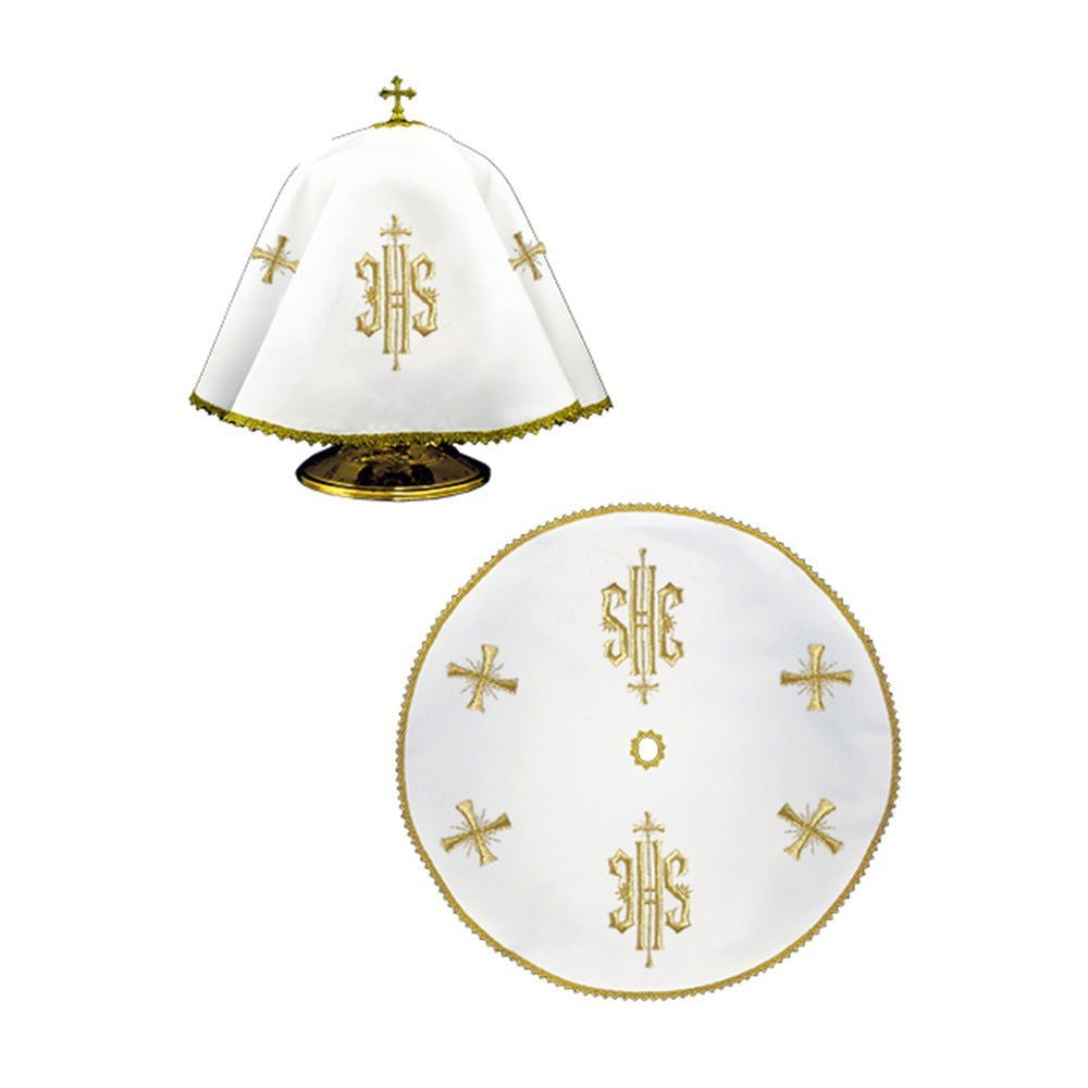 Véu redondo para cibório com bordado dourado IHS, 53 cm, em tecido branco.