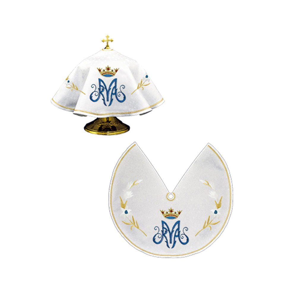 Véu para cibório branco com bordado mariano azul e dourado