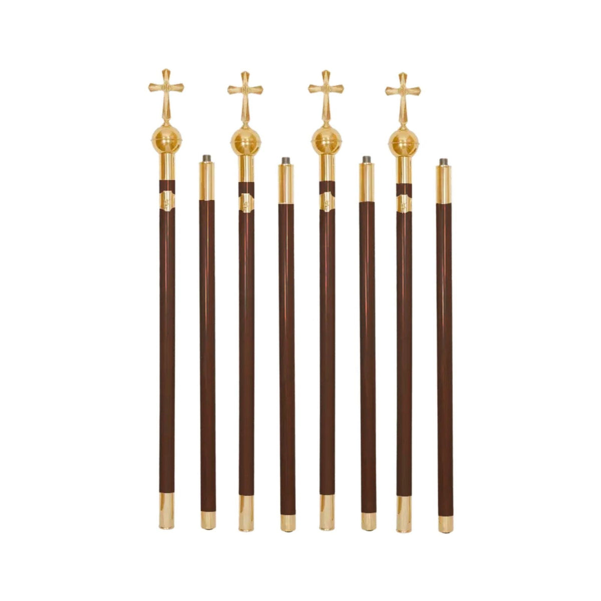 Varas escuras para pálio processional, conjunto de 4 peças, com acabamento dourado e cruzes no topo