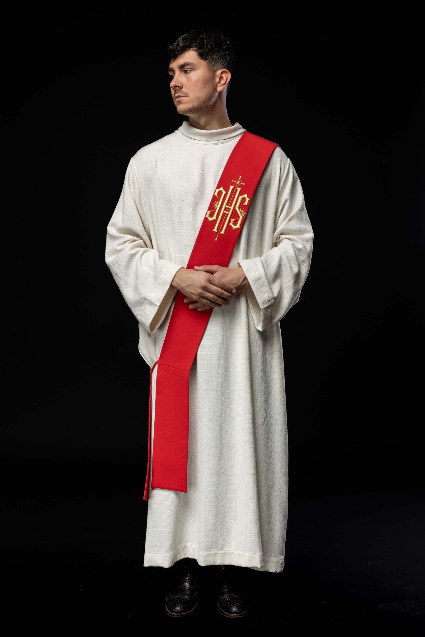 Estola diaconal bordada IHS com cruz