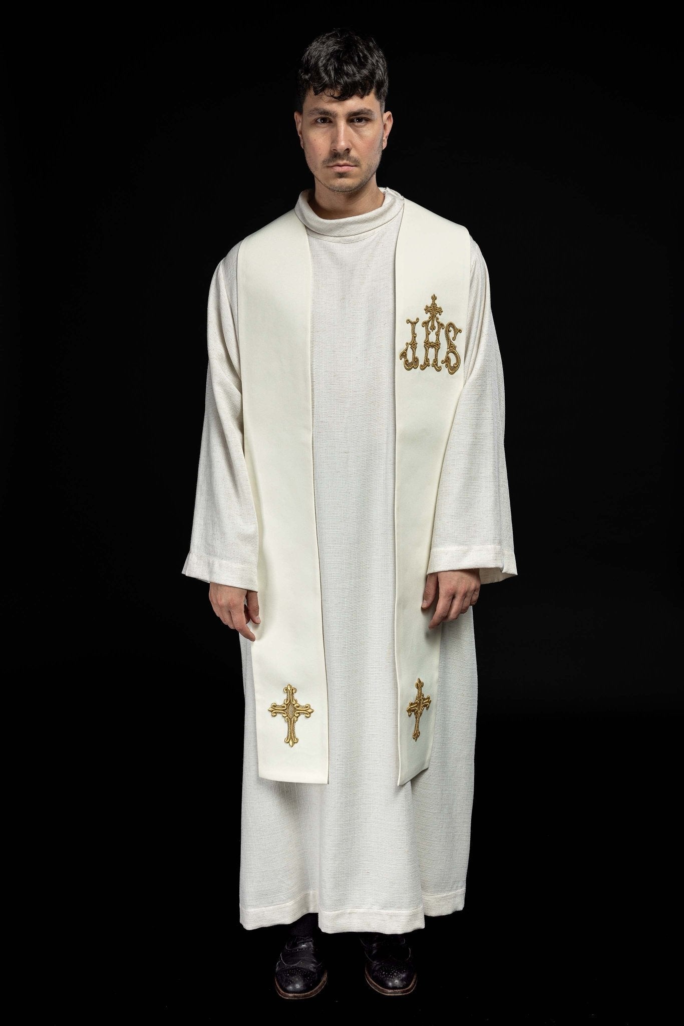 Estola sacerdotal bordada Cruz e IHS creme