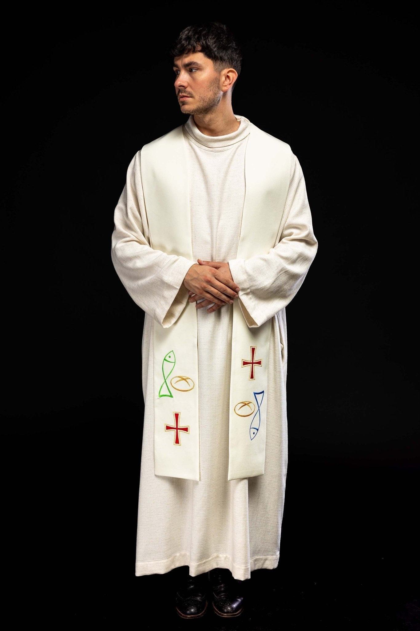 Estola sacerdotal bordada Peixe Pão Cruz na cor creme