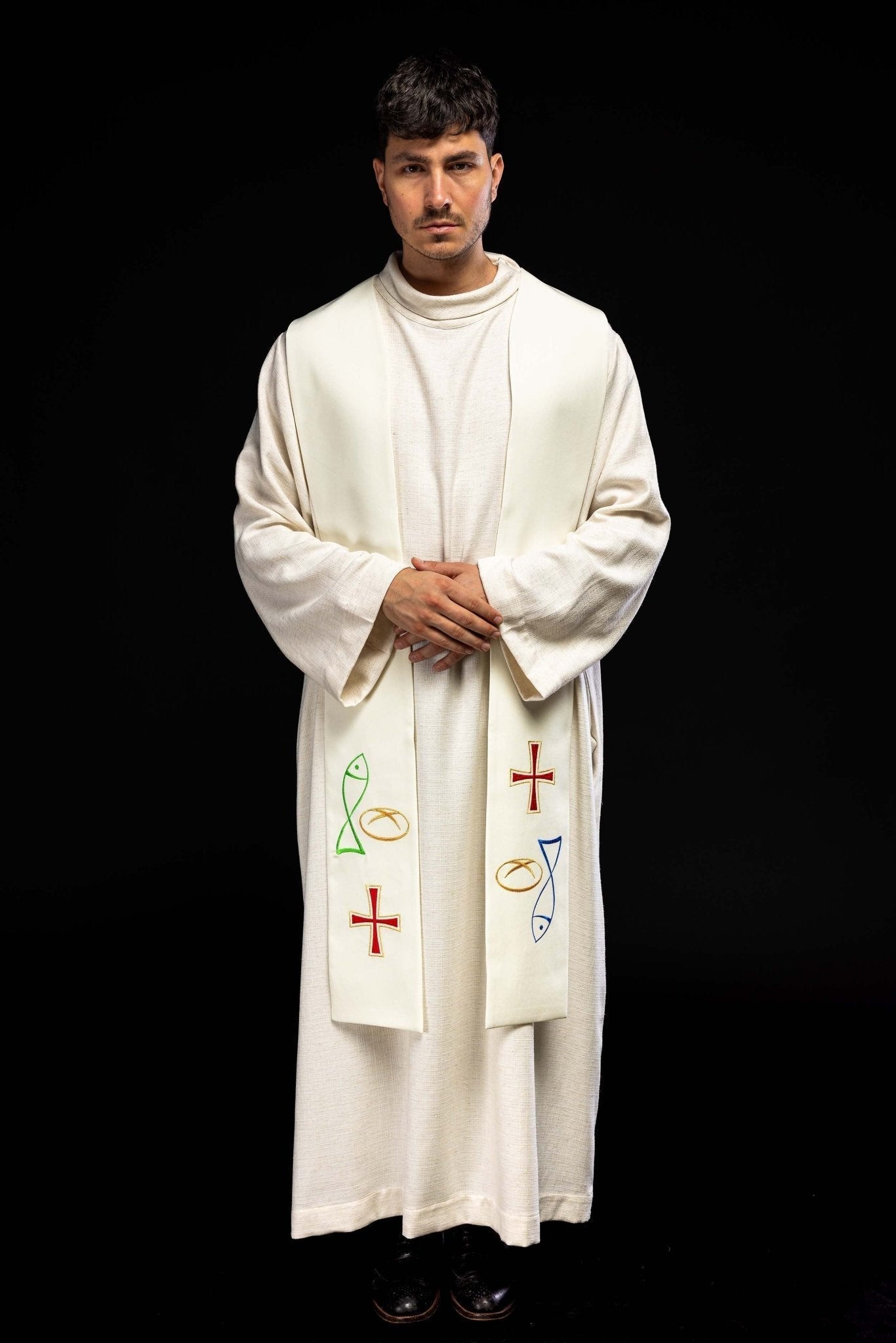 Estola sacerdotal bordada Peixe Pão Cruz na cor creme