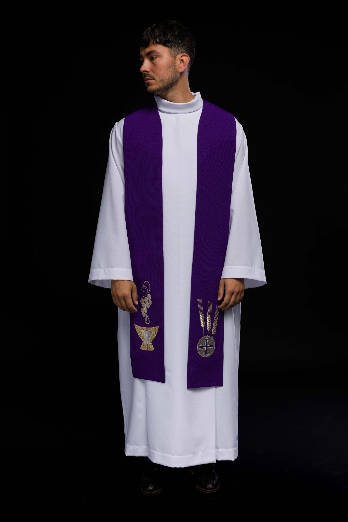 Estola sacerdotal roxa bordada Cálice, Espigas e Uvas