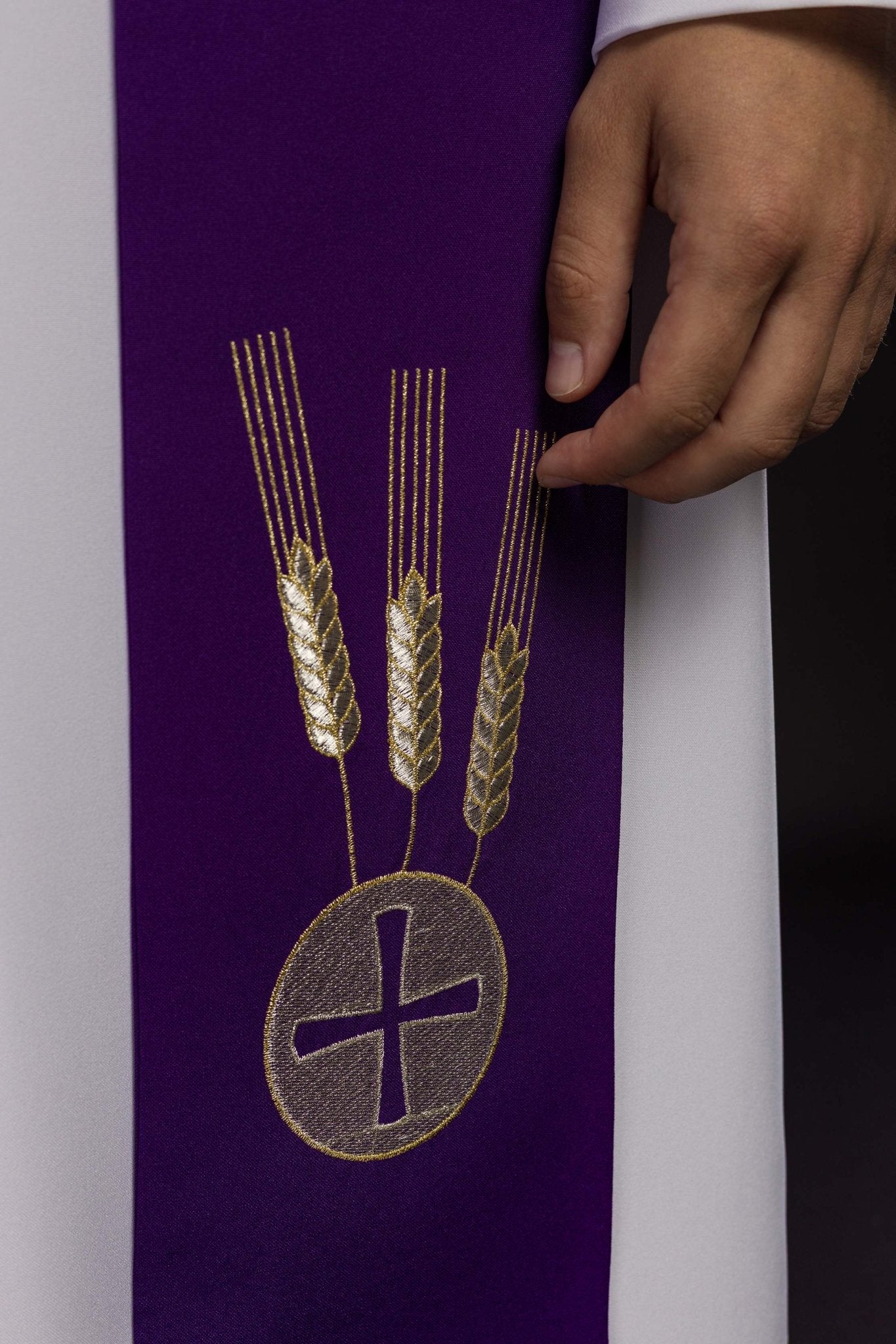 Estola sacerdotal roxa bordada Cálice, Espigas e Uvas