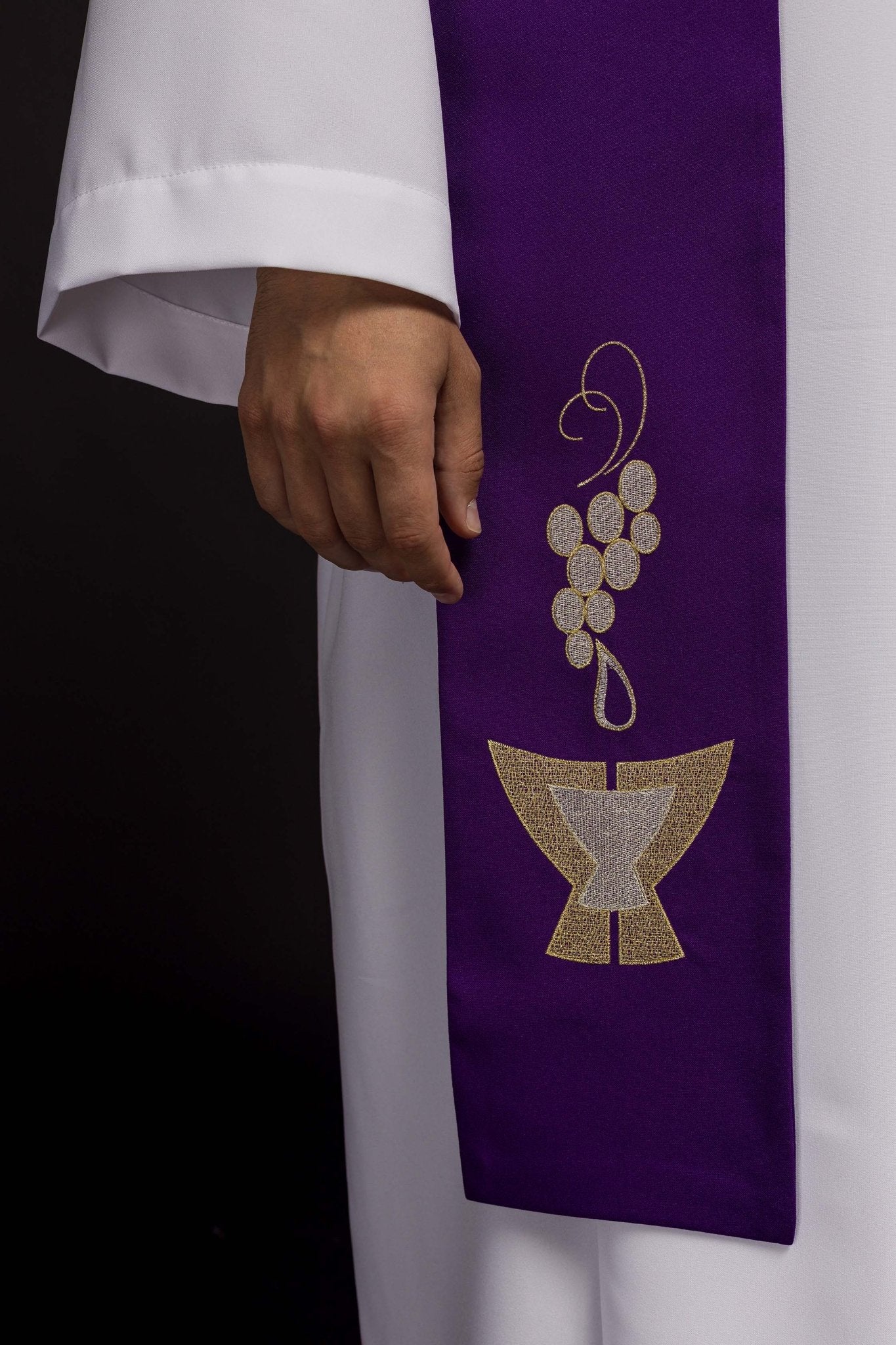Estola sacerdotal roxa bordada Cálice, Espigas e Uvas