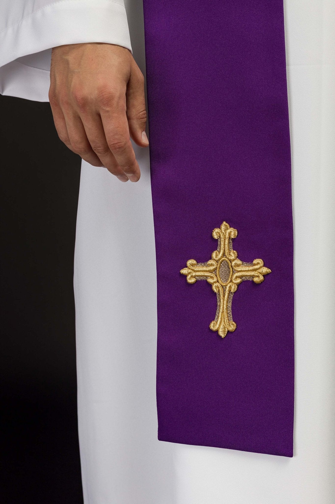 Estola sacerdotal roxa bordada cruz e IHS