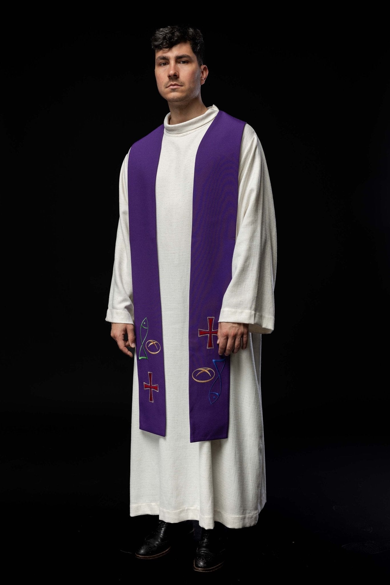 Estola sacerdotal roxa com bordado de Peixe, Pão e Cruz