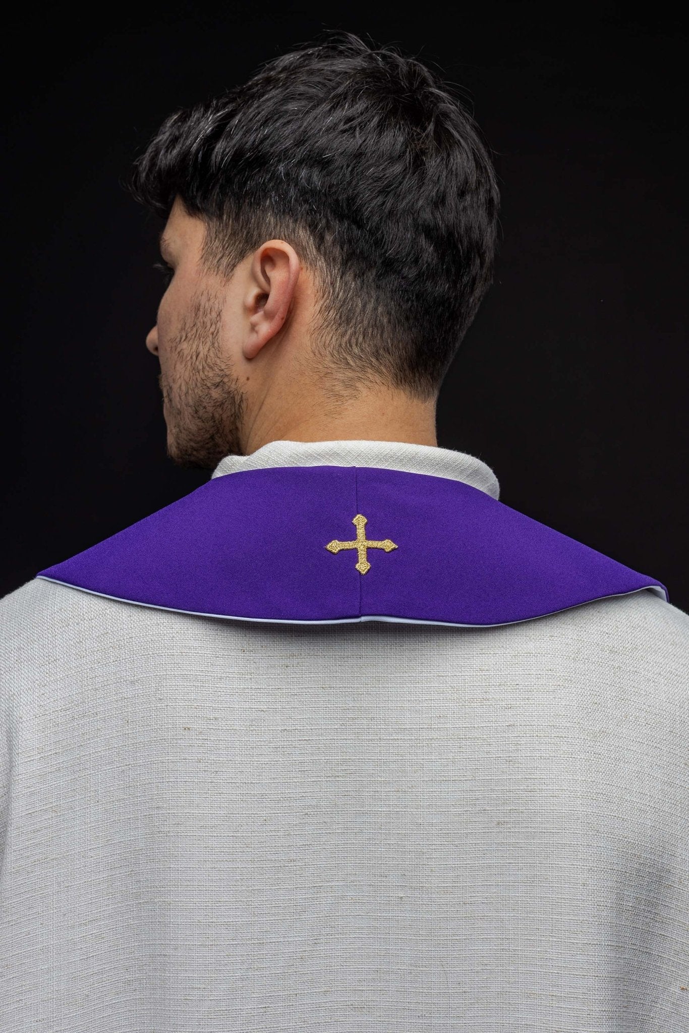 Estola dupla face bordada IHS roxo e branco