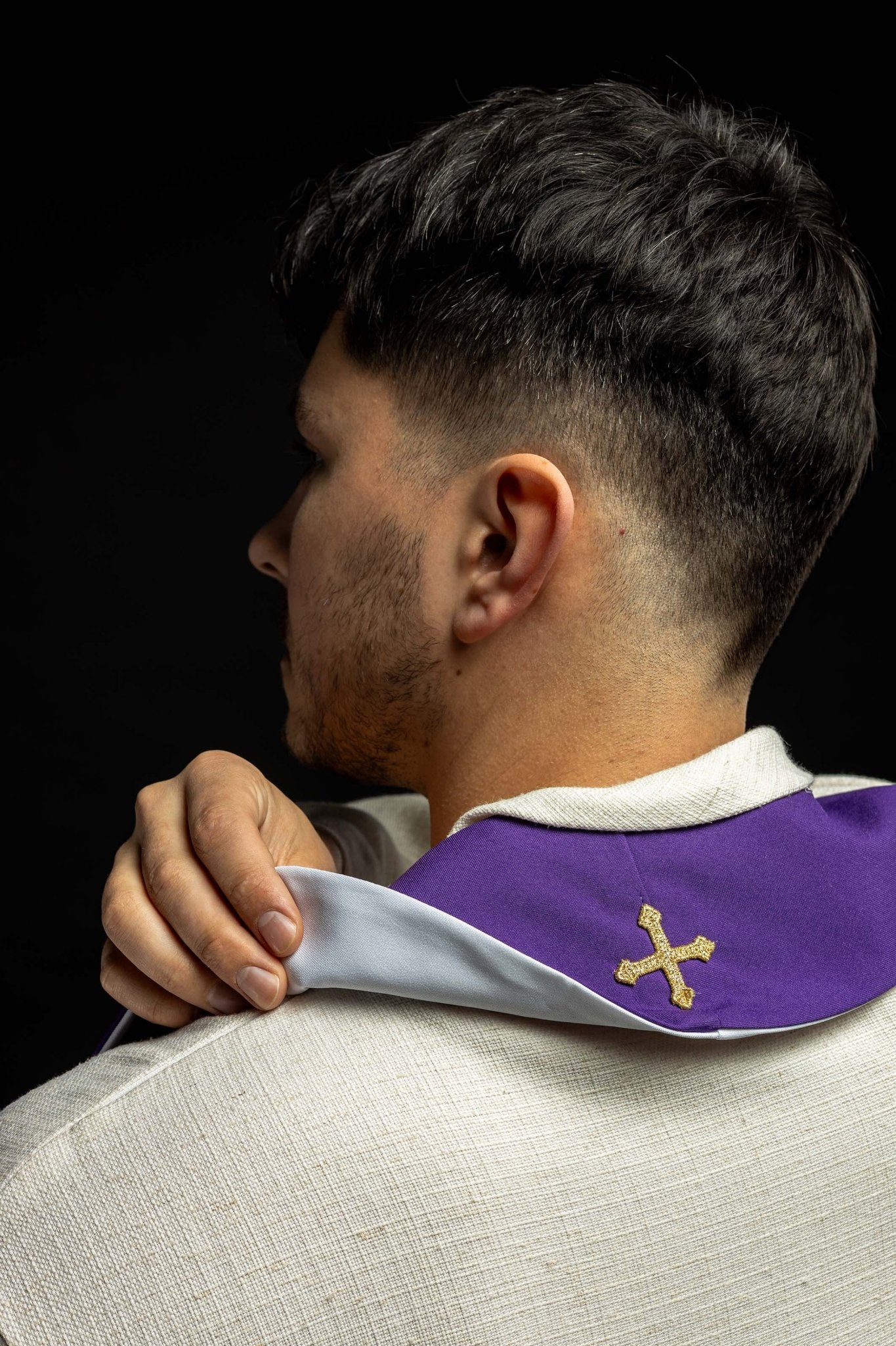 Estola dupla face bordada IHS roxo e branco