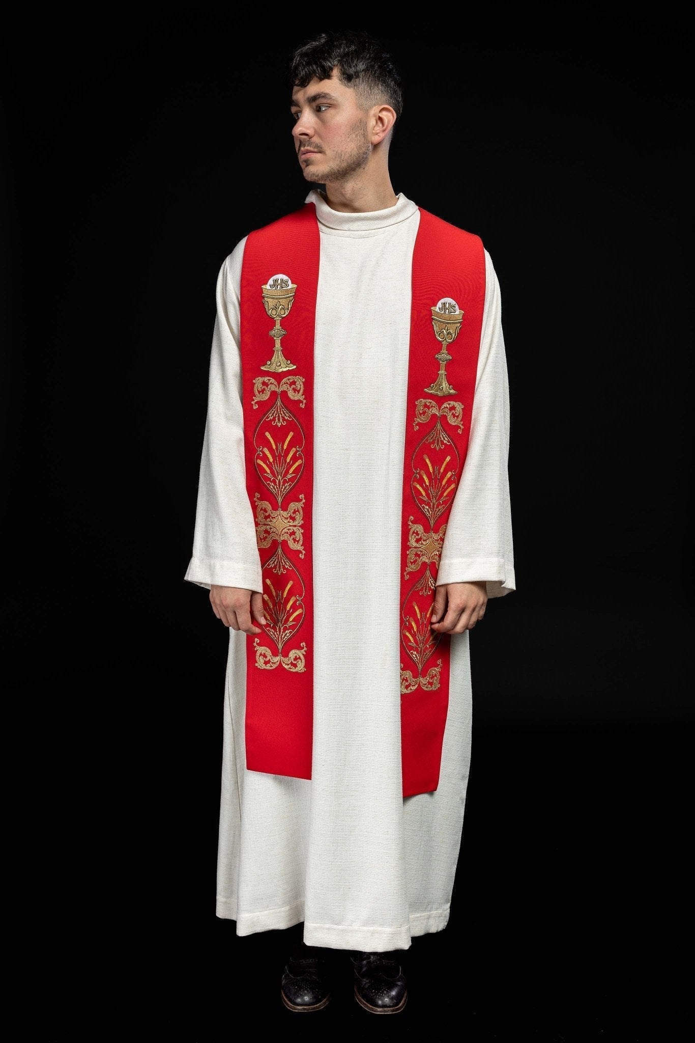 Estola sacerdotal vermelha cálice IHS