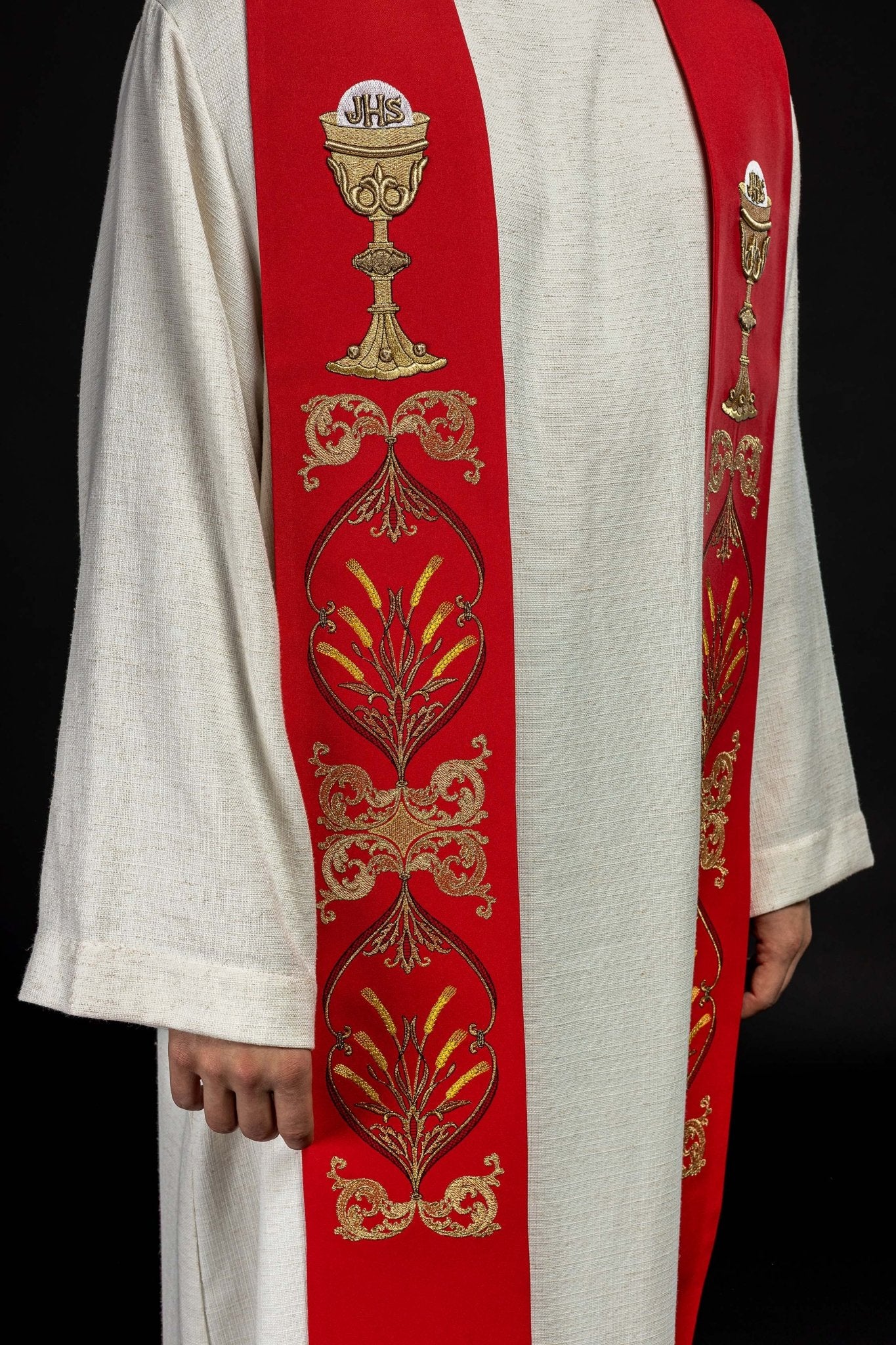 Estola sacerdotal vermelha cálice IHS