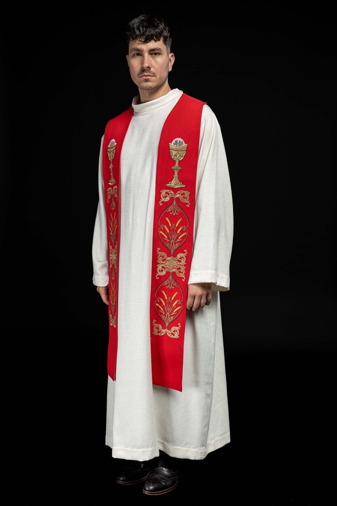 Estola sacerdotal vermelha cálice IHS