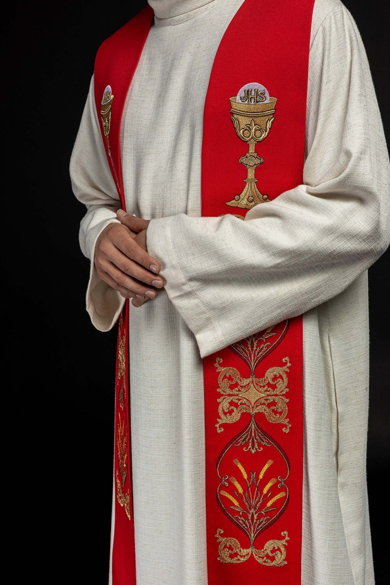 Estola sacerdotal vermelha cálice IHS