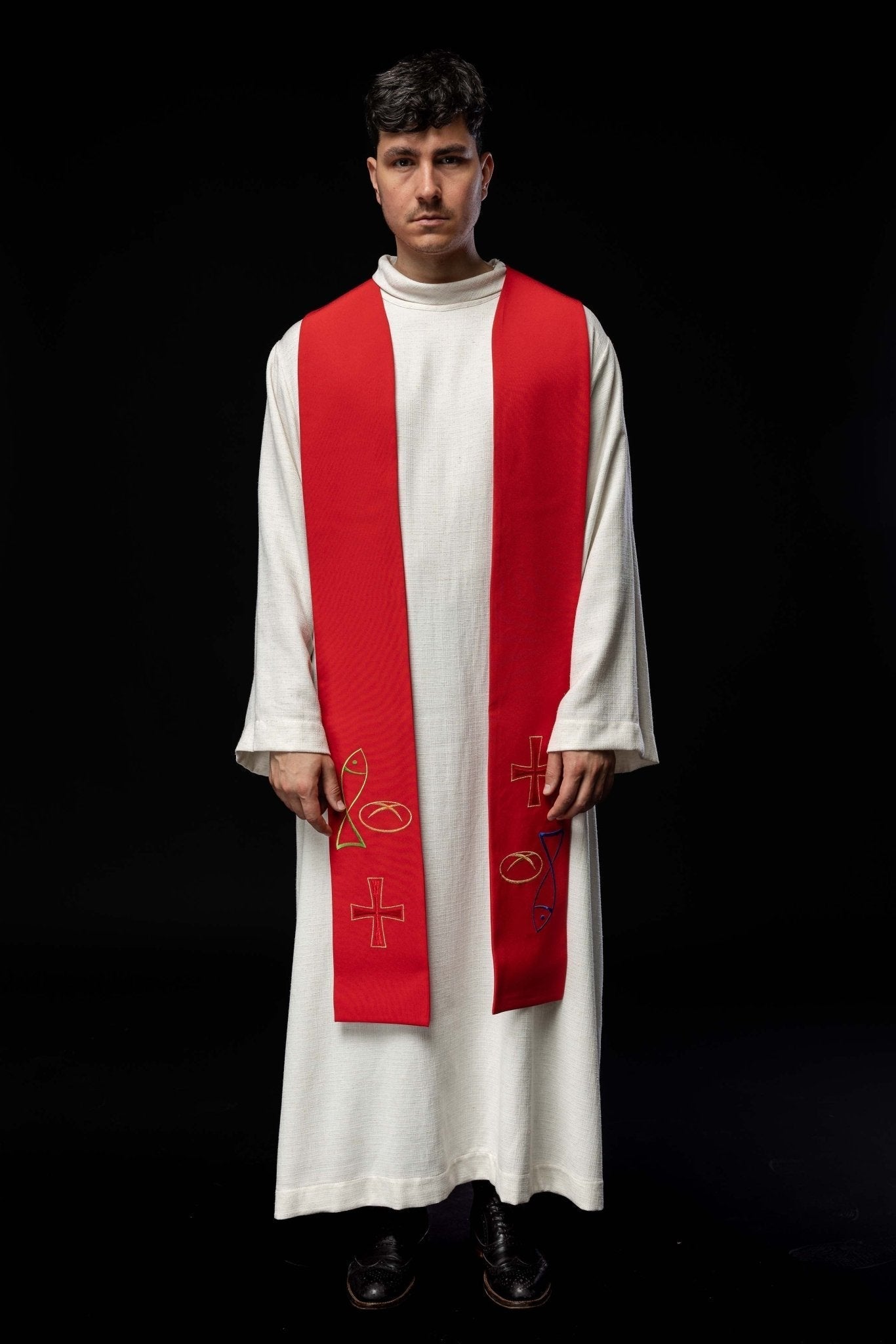 Estola sacerdotal vermelha bordada com Peixe, Pão e Cruz