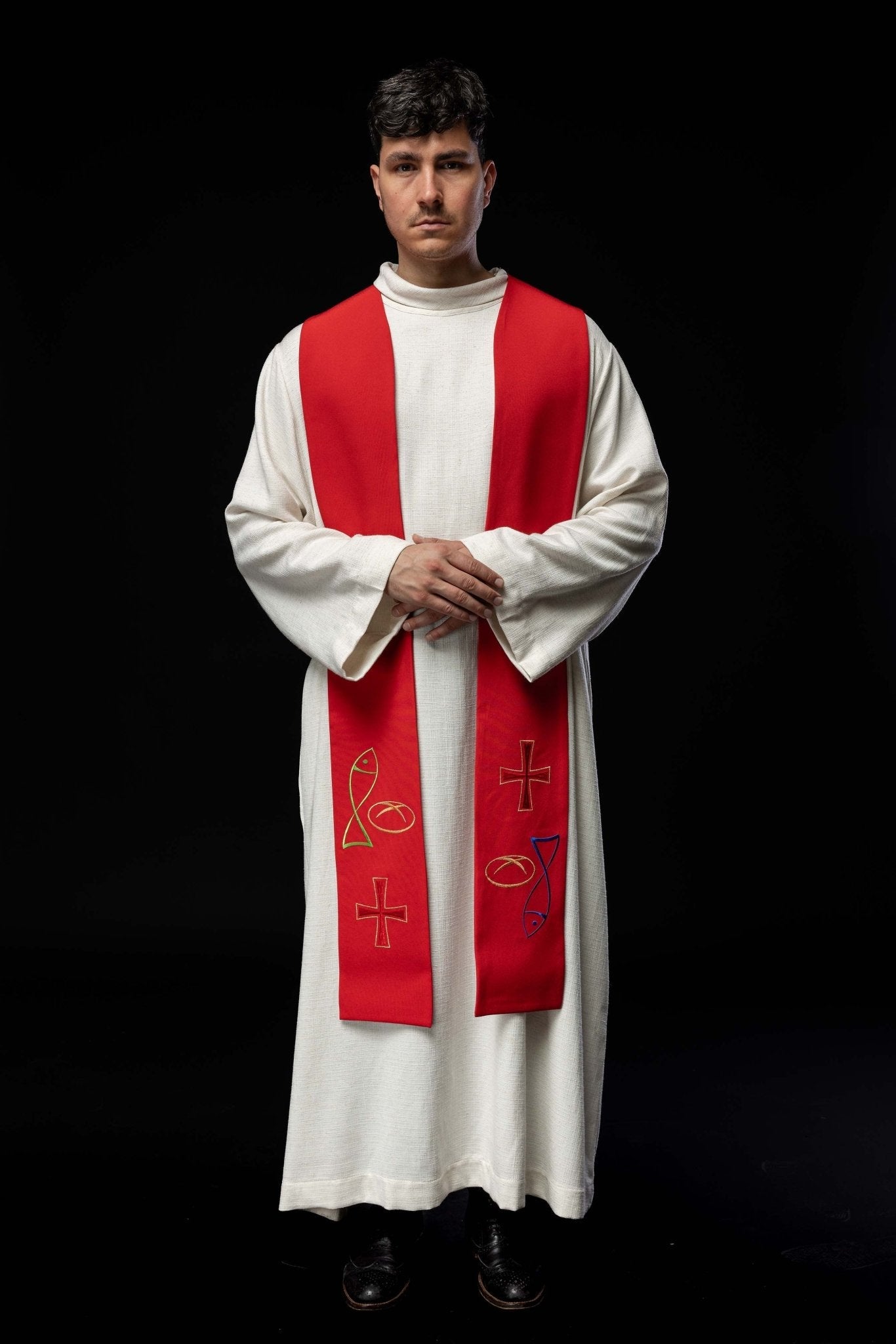 Estola sacerdotal vermelha bordada com Peixe, Pão e Cruz